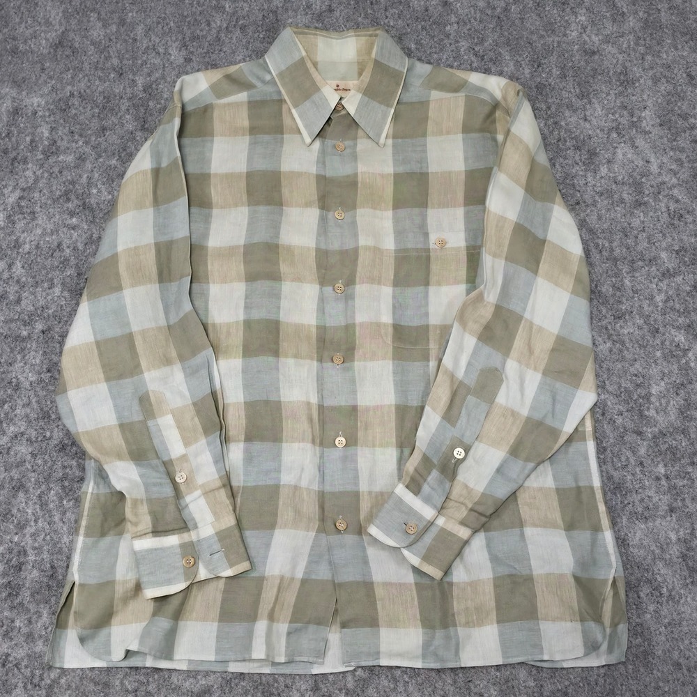 Ermenegildo Zegna Mens 100% Linen Check Button Down Shirt Green Tan Size M - Picture 3 of 8